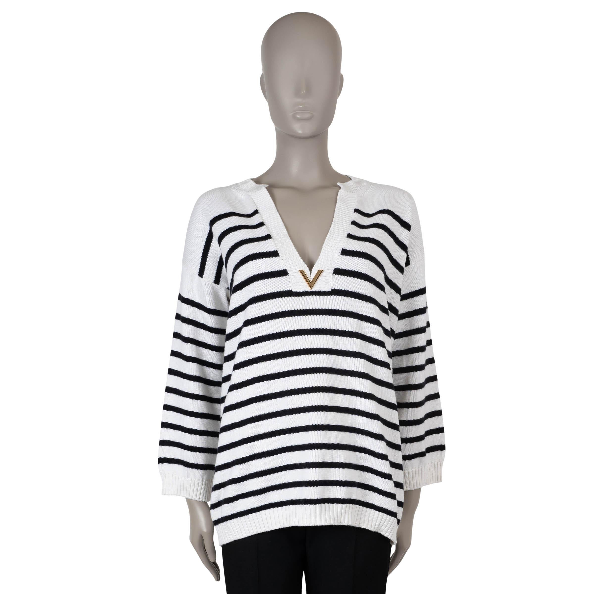 VALENTINO Weißer & marineblauer Baumwollpullover 2022 STRIPED DEEP V OVERSIZED Pullover S