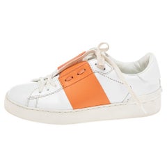 Valentino White/Orange Leather Rockstud Low-Top Sneakers Size 36