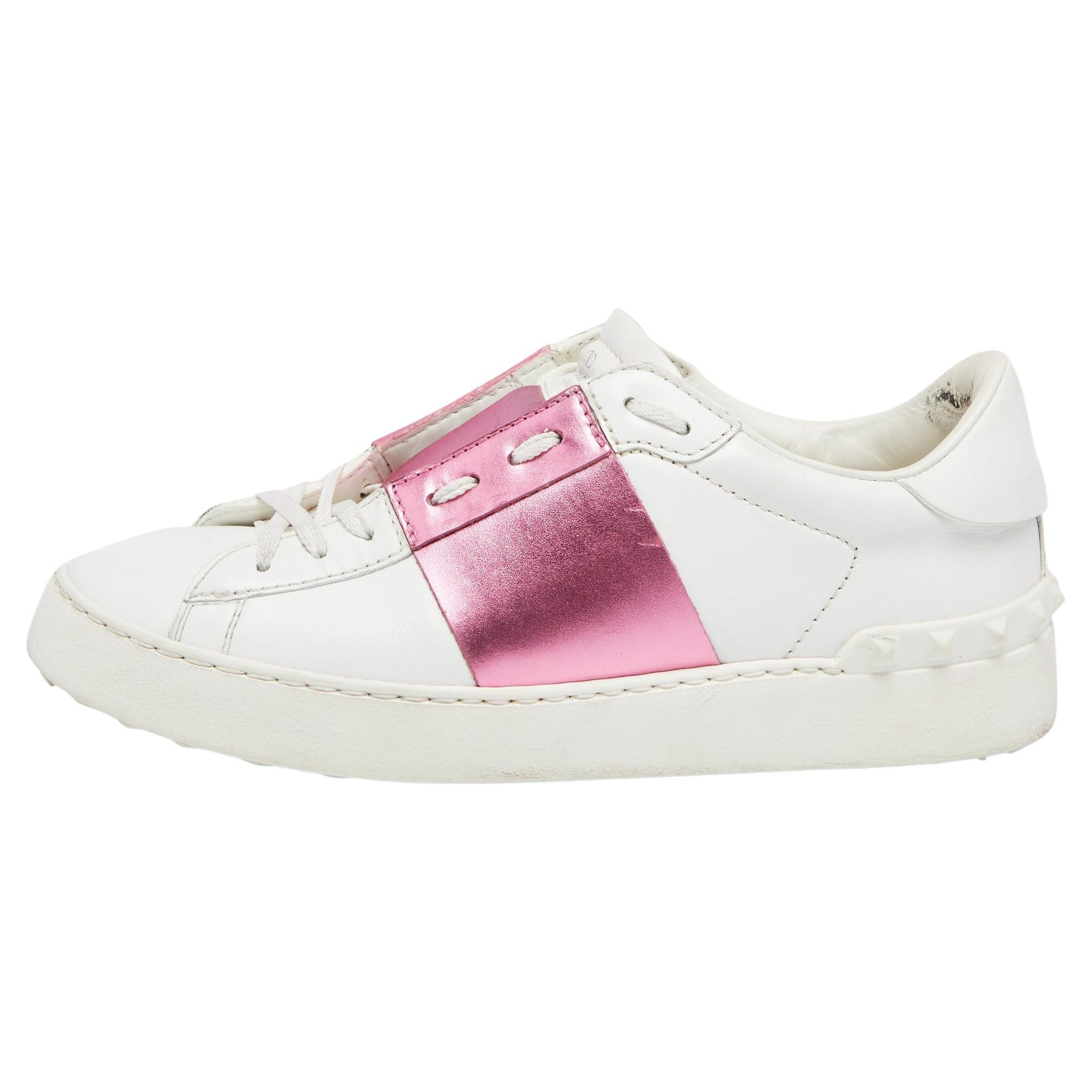 Valentino White/Pink Leather Rockstud Lace Up Sneakers Size 37.5 at 1stDibs