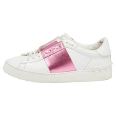 Valentino Weiß/Pink Leder Rockstud Lace Up Turnschuhe Größe 37,5