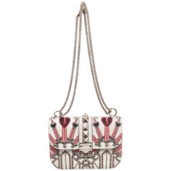 Valentino White Pink Love Blade Beaded Glam Lock Flap Bag
