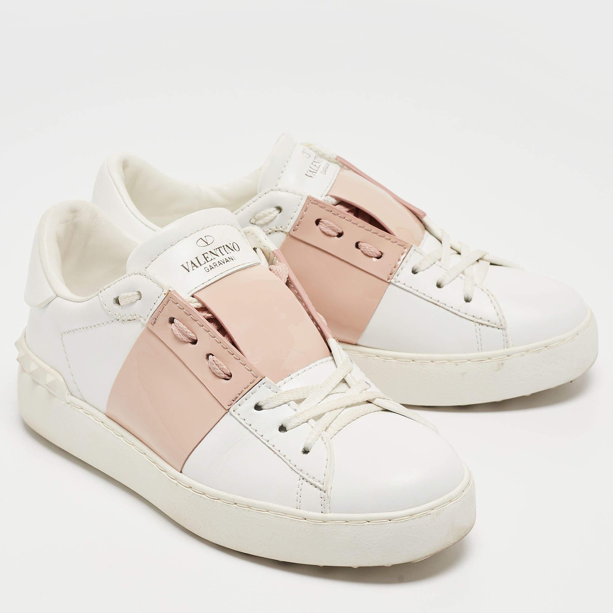  Valentino White/Pink Patent and Leather Open Sneakers Size 35.5 For Sale 1