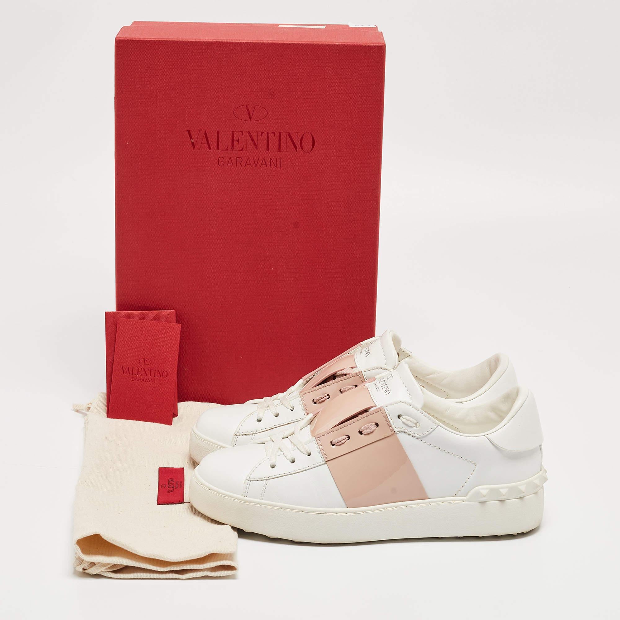  Valentino White/Pink Patent and Leather Open Sneakers Size 35.5 For Sale 2