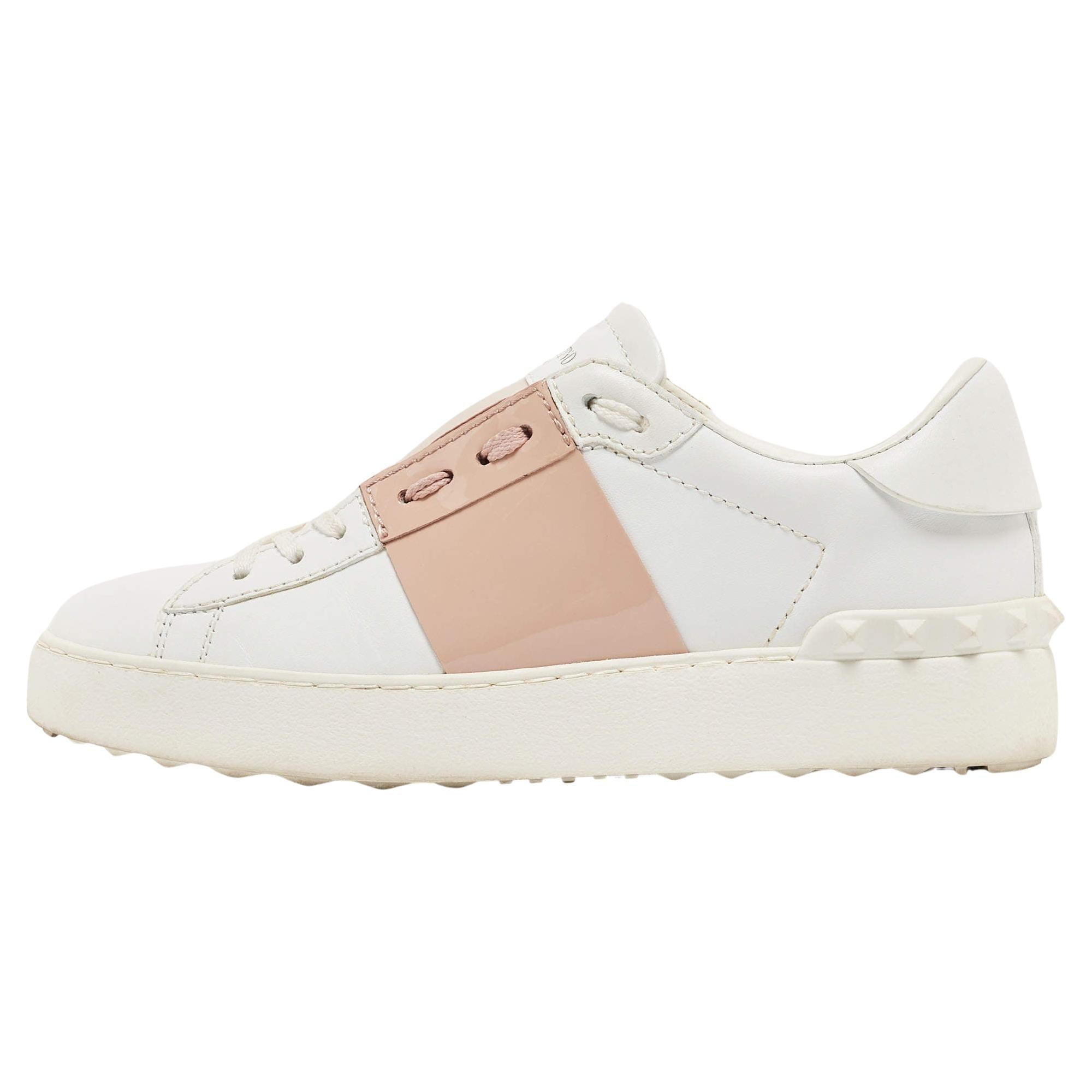  Valentino White/Pink Patent and Leather Open Sneakers Size 35.5 For Sale
