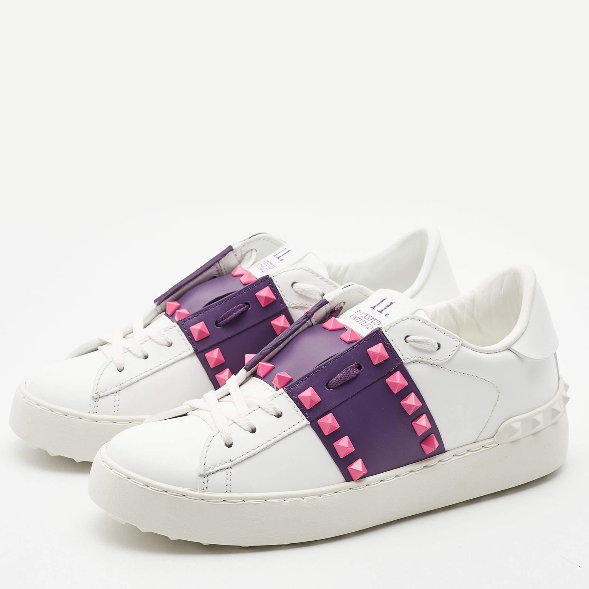 Valentino White/Purple Leather Rockstud Low Top Sneakers Size 35.5 2