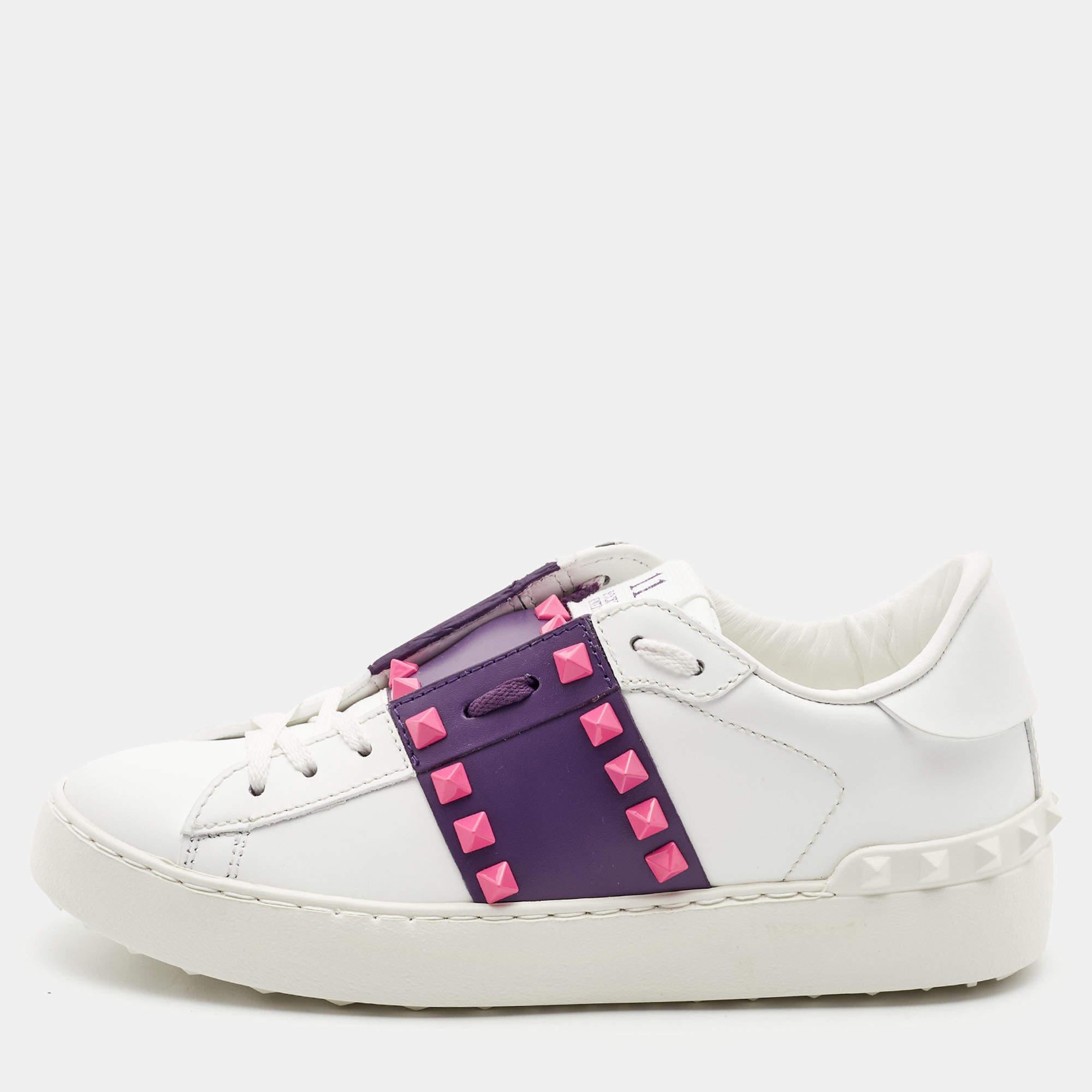 Valentino White/Purple Leather Rockstud Low Top Sneakers Size 35.5 3