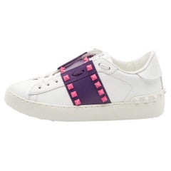 Used Valentino White/Purple Leather Rockstud Low Top Sneakers Size 35.5