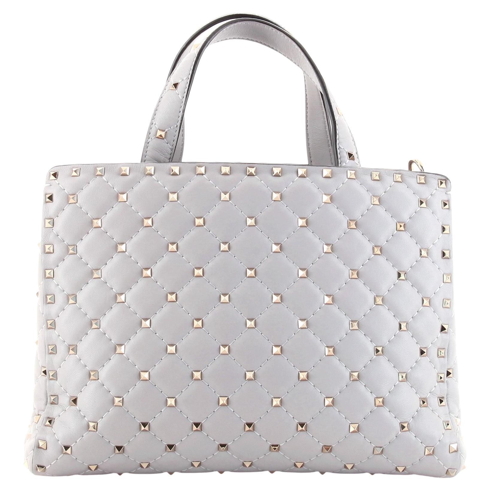 Valentino White Quilted Leather Rockstud Spike Top Handle Small Tote Bag For Sale