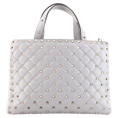 Valentino White Quilted Leather Rockstud Spike Top Handle Small Tote Bag