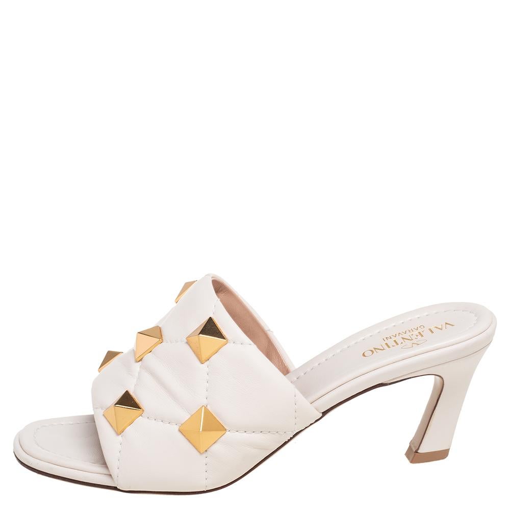 Valentino White Quilted Leather Roman Studs Slide Sandals Size 36 1
