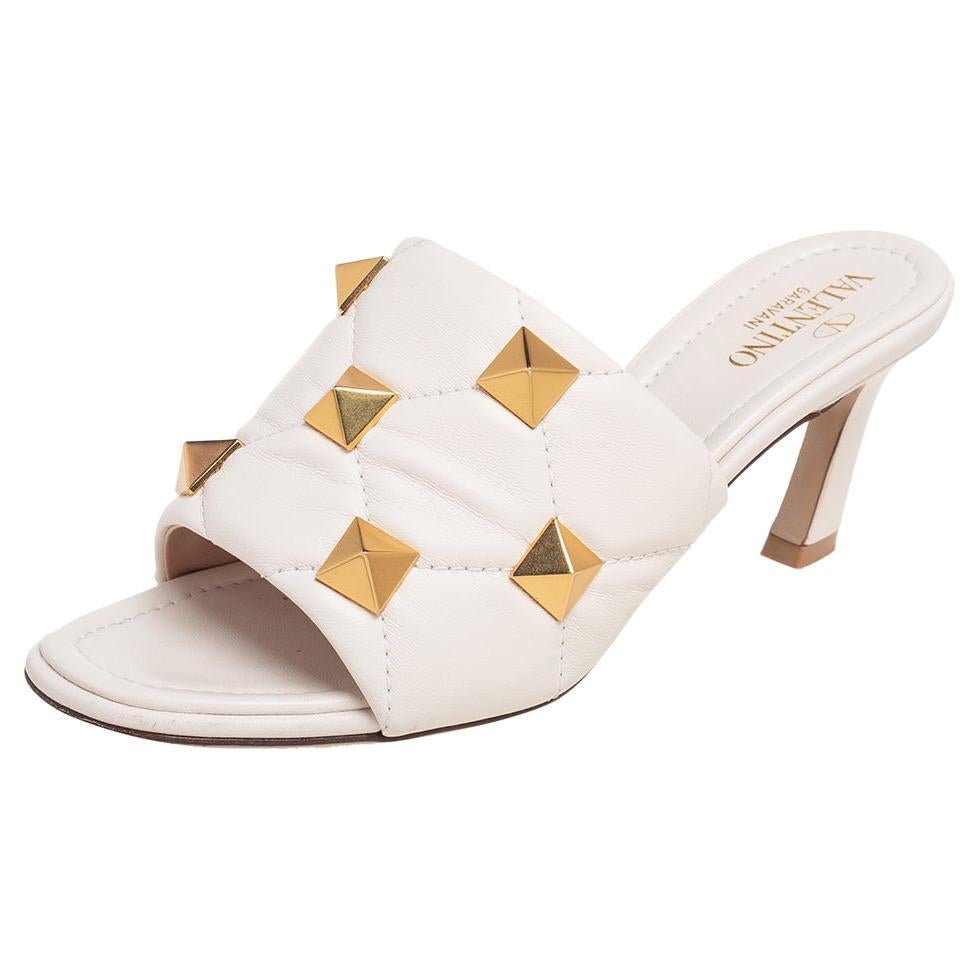 Valentino White Quilted Leather Roman Studs Slide Sandals Size 36