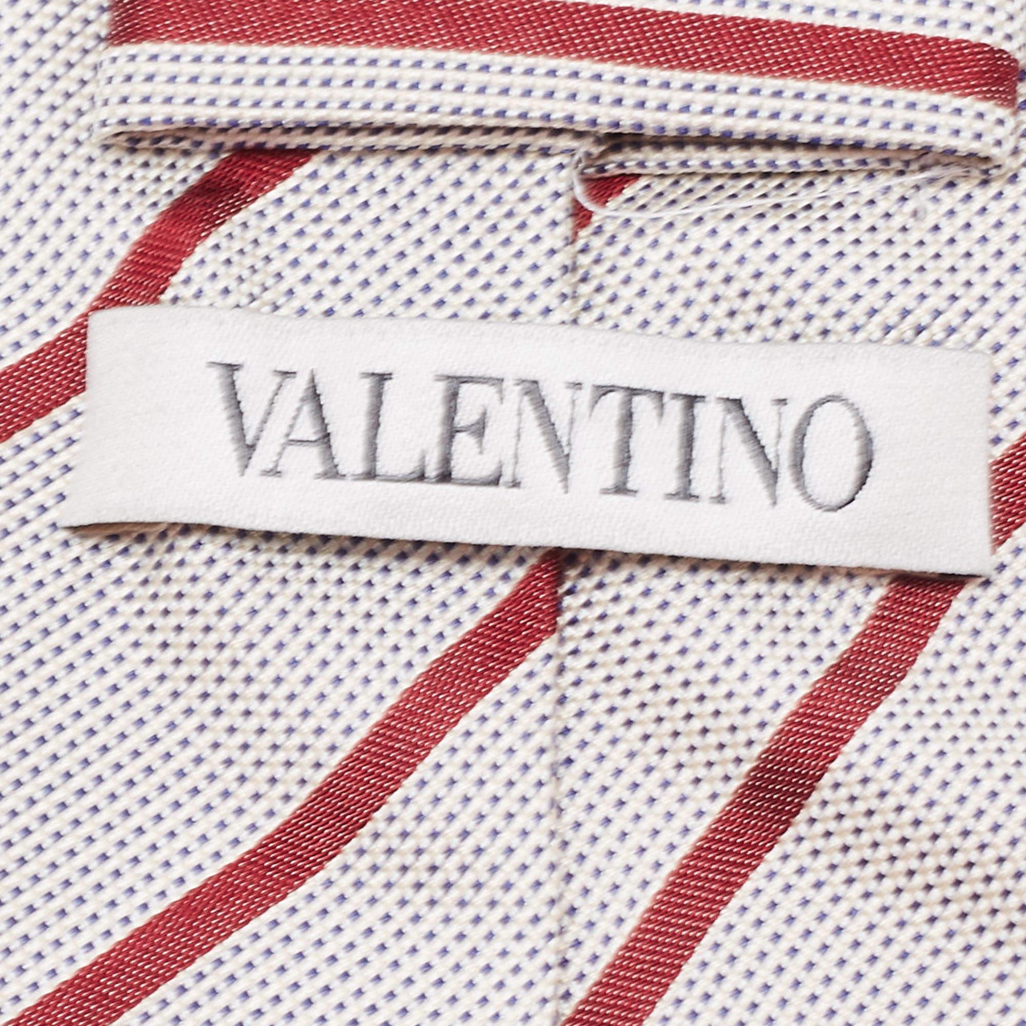 Valentino Weiß/Rote Diagonal gestreifte Seidenkrawatte (Grau) im Angebot