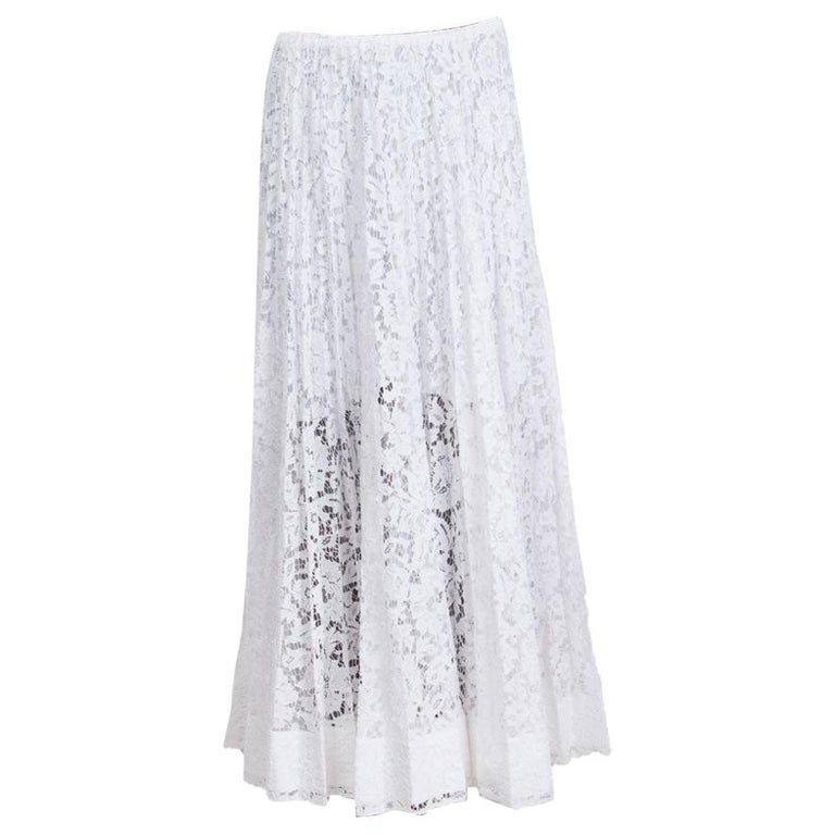 VALENTINO white SHEER PLEATED LACE MAXI Skirt M For Sale at 1stDibs