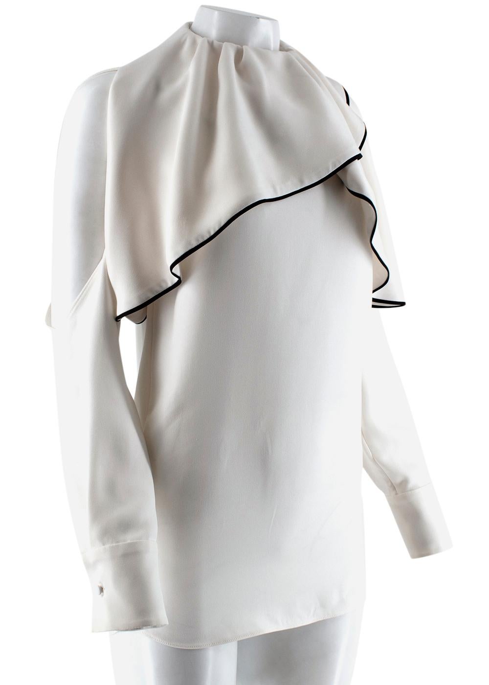 Valentino White Silk Ruffle Neck Cold Shoulder Blouse 

- White silk blouse 
- Black piped trim detailing 
- Ruffled front design
- Cut-away shoulders
- Long sleeves 
- Buttoned cuffs 
- Loose fit 
- Press-stud and button fastening at neck