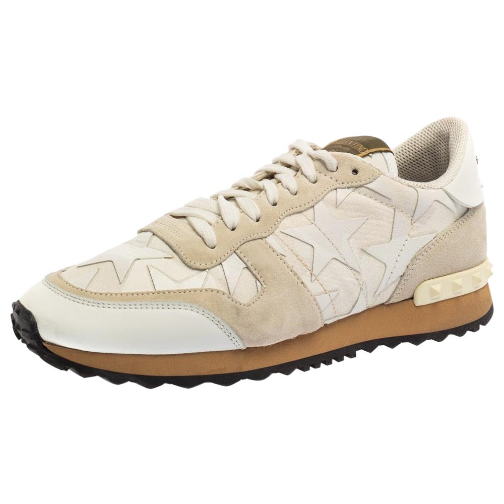 Valentino Baskets Rockrunner Camustars en daim et toile blanches, Taille 40