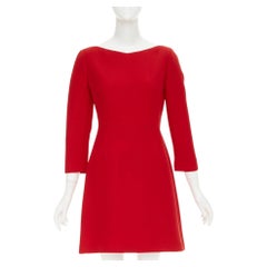 VALENTINO wide V neck structured red wool silk A-line dress IT40 S