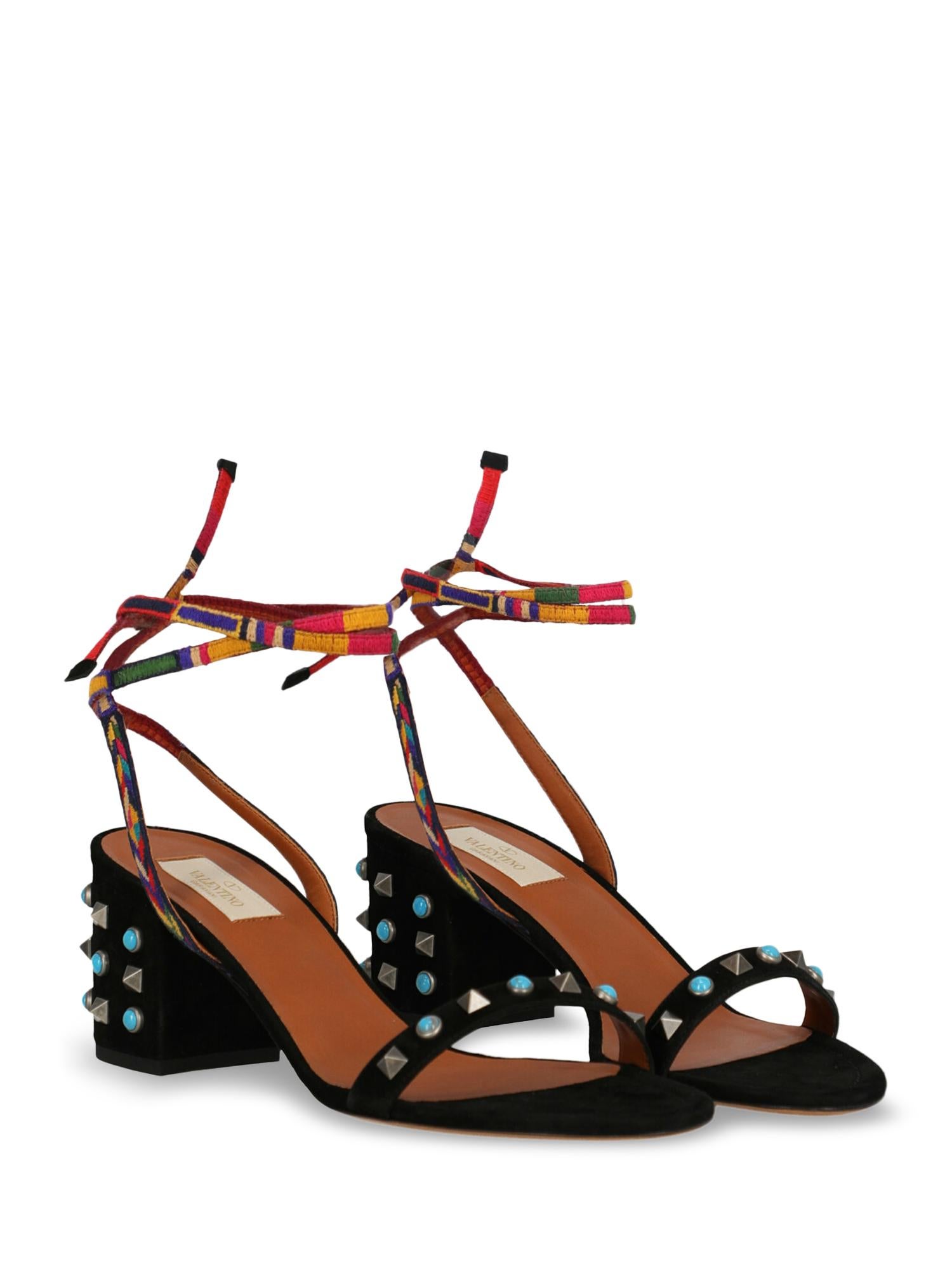 Sandals, leather, solid color, suede, lace-up, branded insole, mid heel, embellished lace, pearl embellishment, rockstud embellishment. Product Condition: Like New With Tag. Sole: visible marks. Insole: negligible footprint
