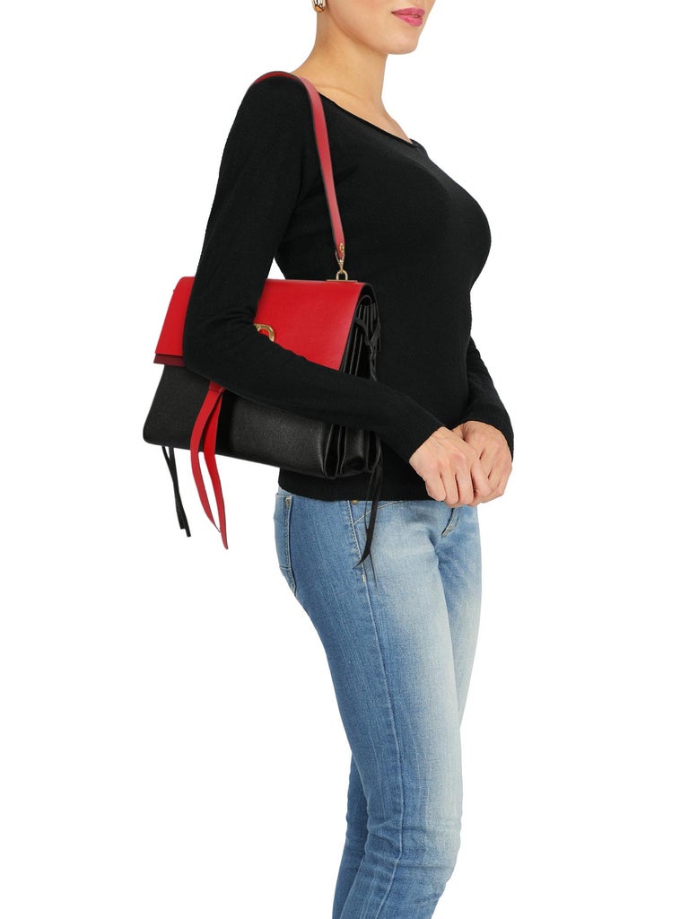 RED V by VALENTINO Black Faux Leather Shoulder Handbag Velvet Like Brocade  NWT