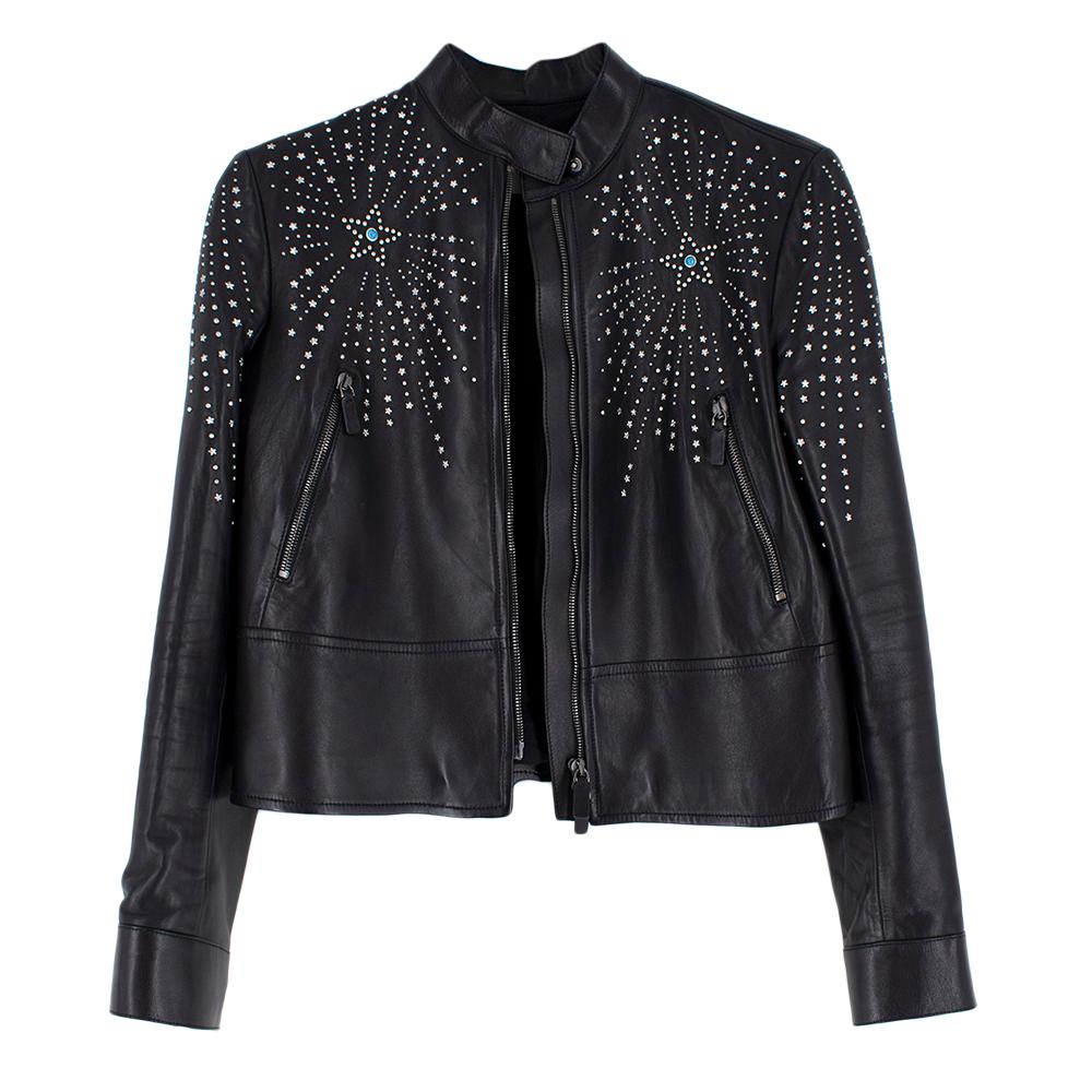 Valentino x Goop Wonder Woman Black Stud Leather Jacket

-Soft lambskin leather material
-Cropped silhouette
-Zipper down front
-Zip cuffs
-Silver stud embellishments
-Two starbursts on front
-Multicoloured eagle on back
-Two zip pockets on