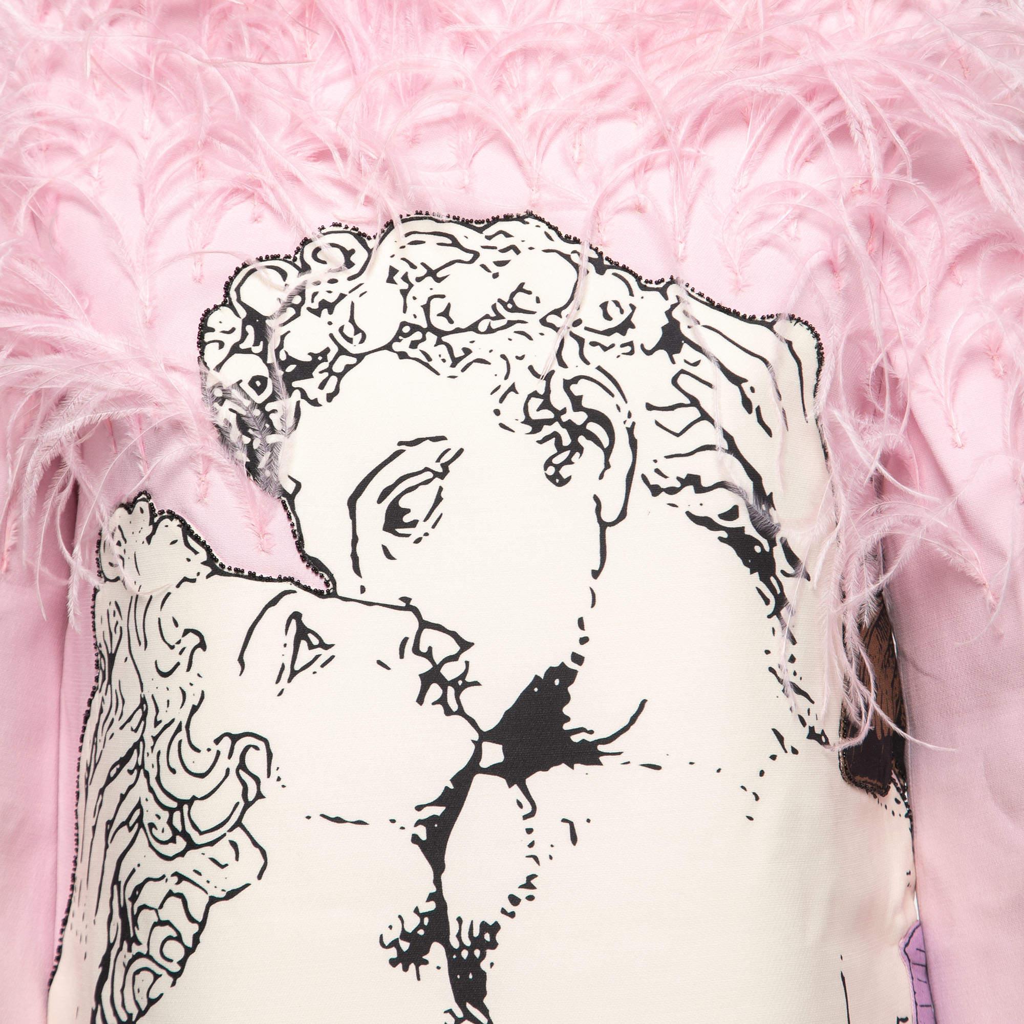Valentino X Undercover Pink Crepe Graphic Print Feather Embellished Dress S 4
