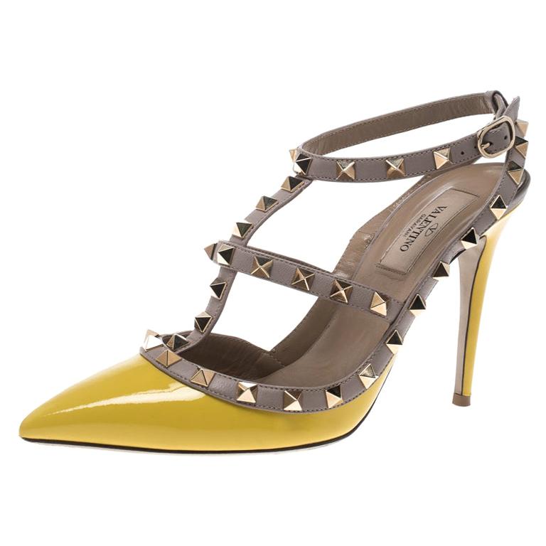 Valentino Yellow and Beige Leather Rockstud Sandals Size 38 For Sale at ...