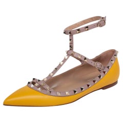 Valentino Yellow/Beige Leather Rockstud Ankle Strap Ballet Flats Size 41