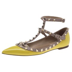 Valentino Yellow/Beige Patent And Leather Rockstud Ballet Flats Size 37