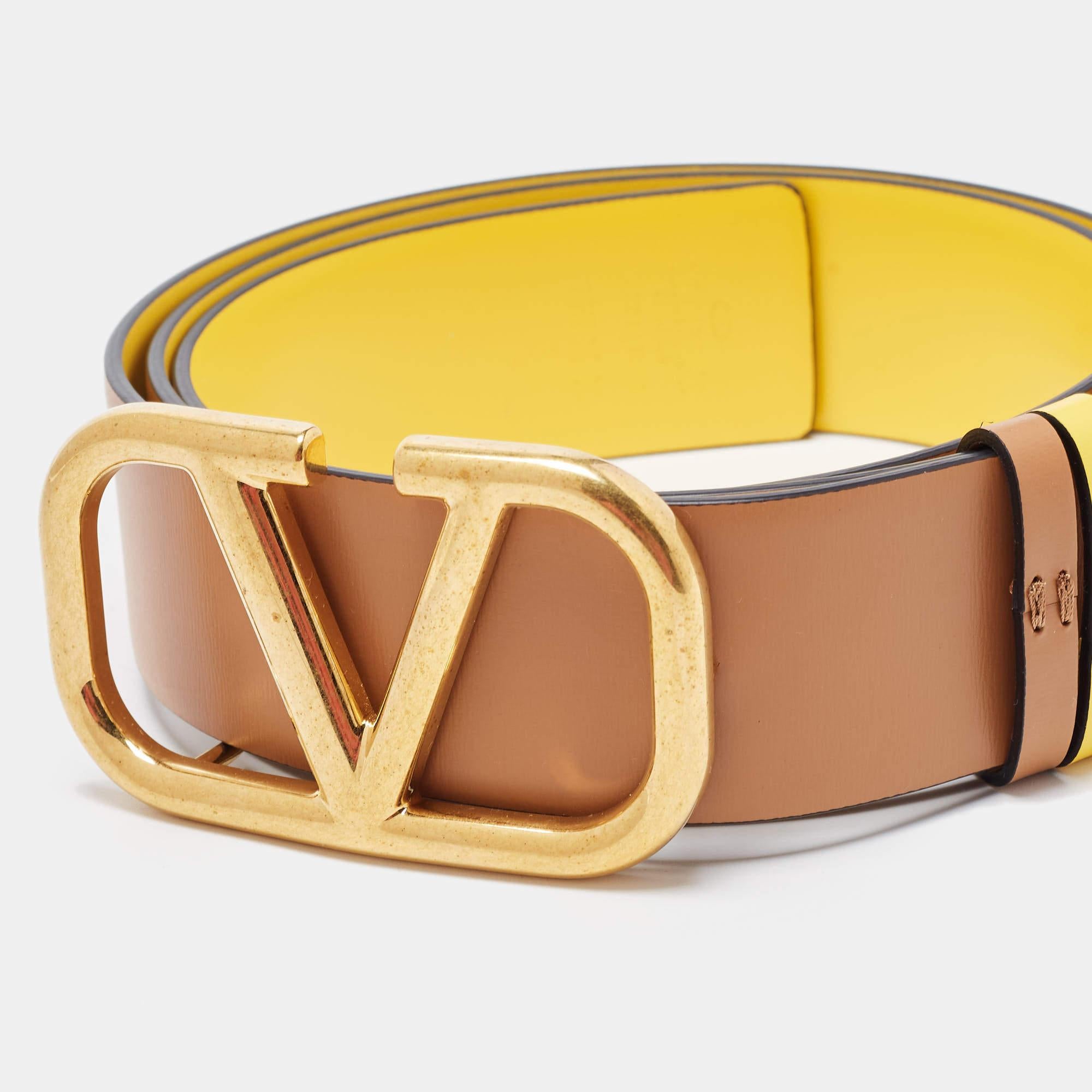 Women's Valentino Yellow/Brown Leather VLogo Reversible Belt 90 CM
