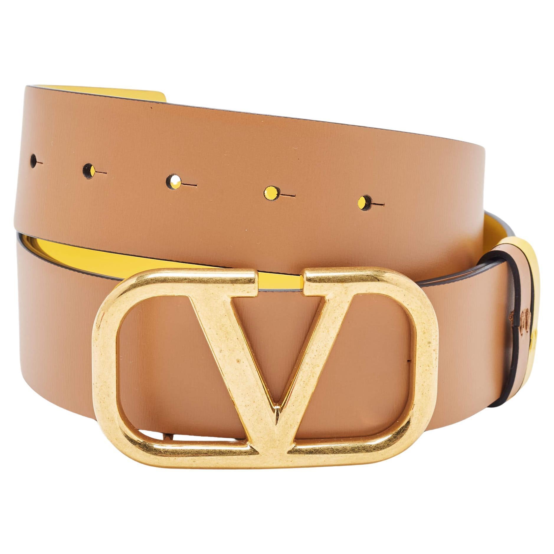 Valentino Yellow/Brown Leather VLogo Reversible Belt 90 CM