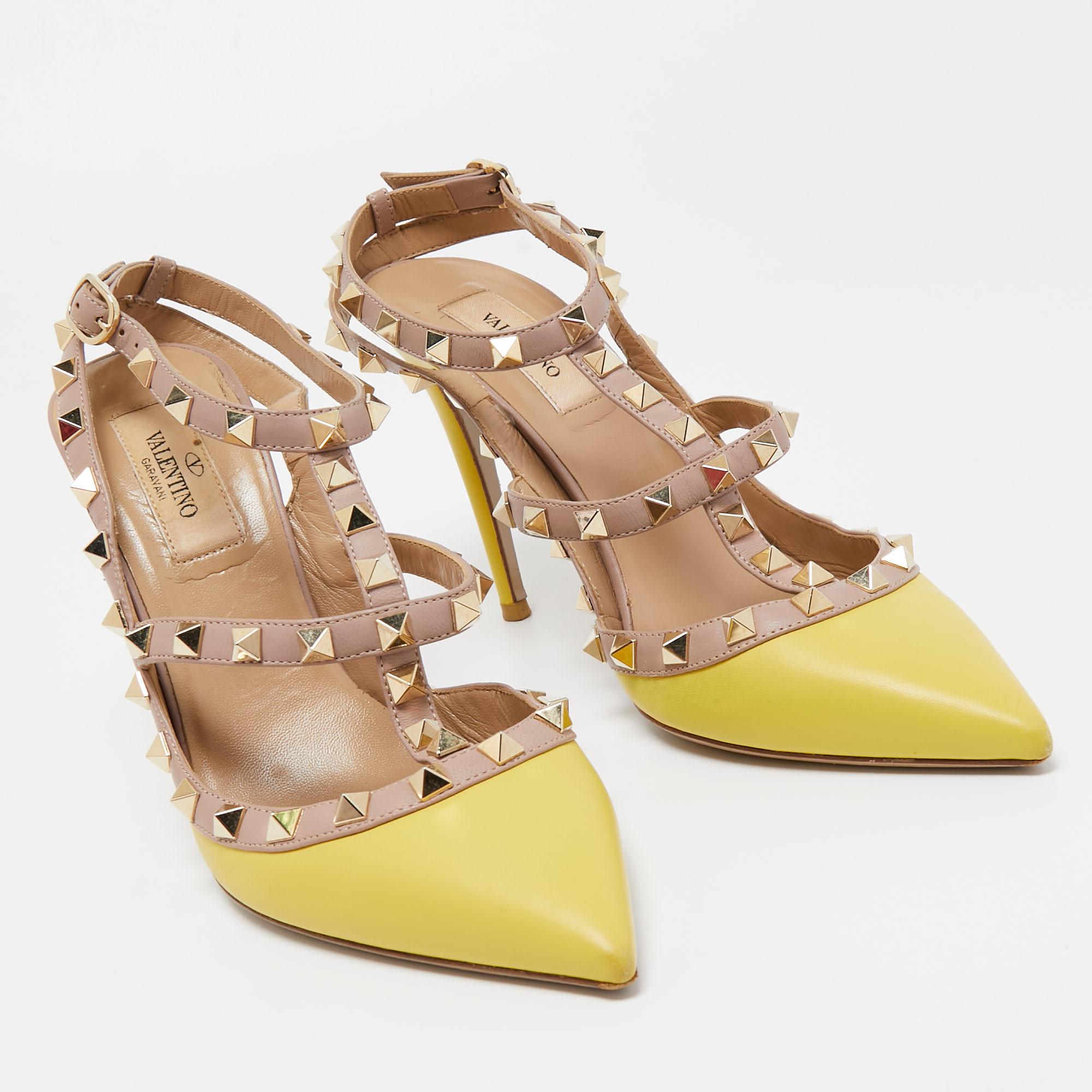 Women's Valentino Yellow/Dusty Pink Leather Rockstud Ankle Strap Pumps Size 38.5