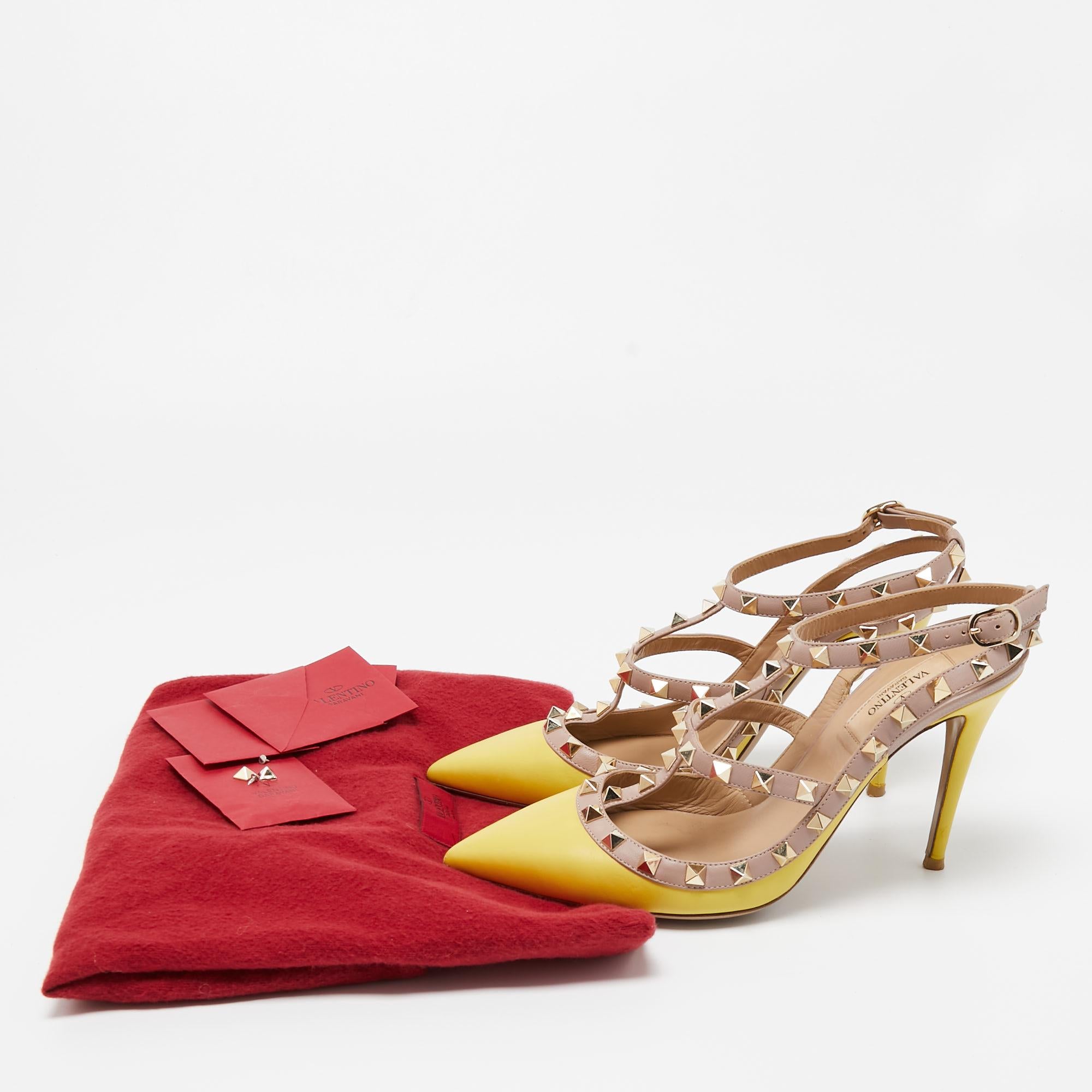 Valentino Yellow/Dusty Pink Leather Rockstud Ankle Strap Pumps Size 38.5 1