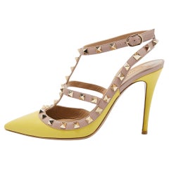 Valentino Yellow/Dusty Pink Leather Rockstud Ankle Strap Pumps Size 38.5