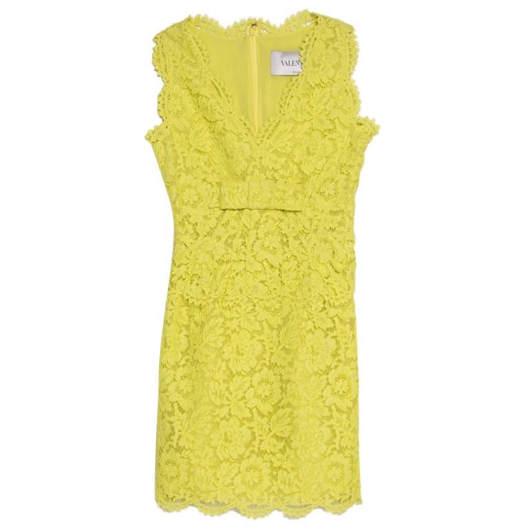 Valentino Yellow Floral Lace Scalloped Trim Bow Detail Peplum Dress S ...