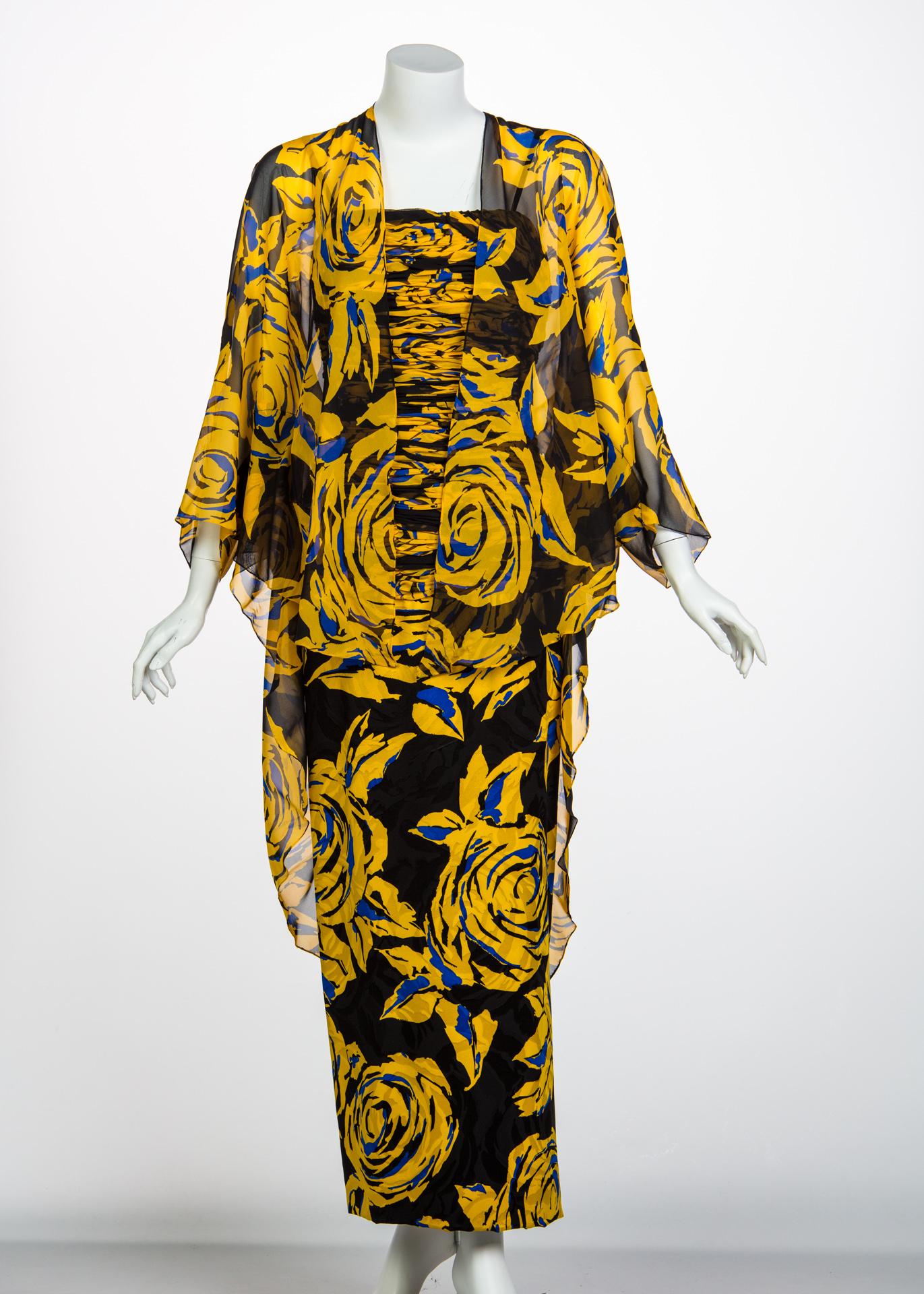 Valentino Yellow Floral Print Draped Black Silk Fishtail Gown Shawl 1970s 1
