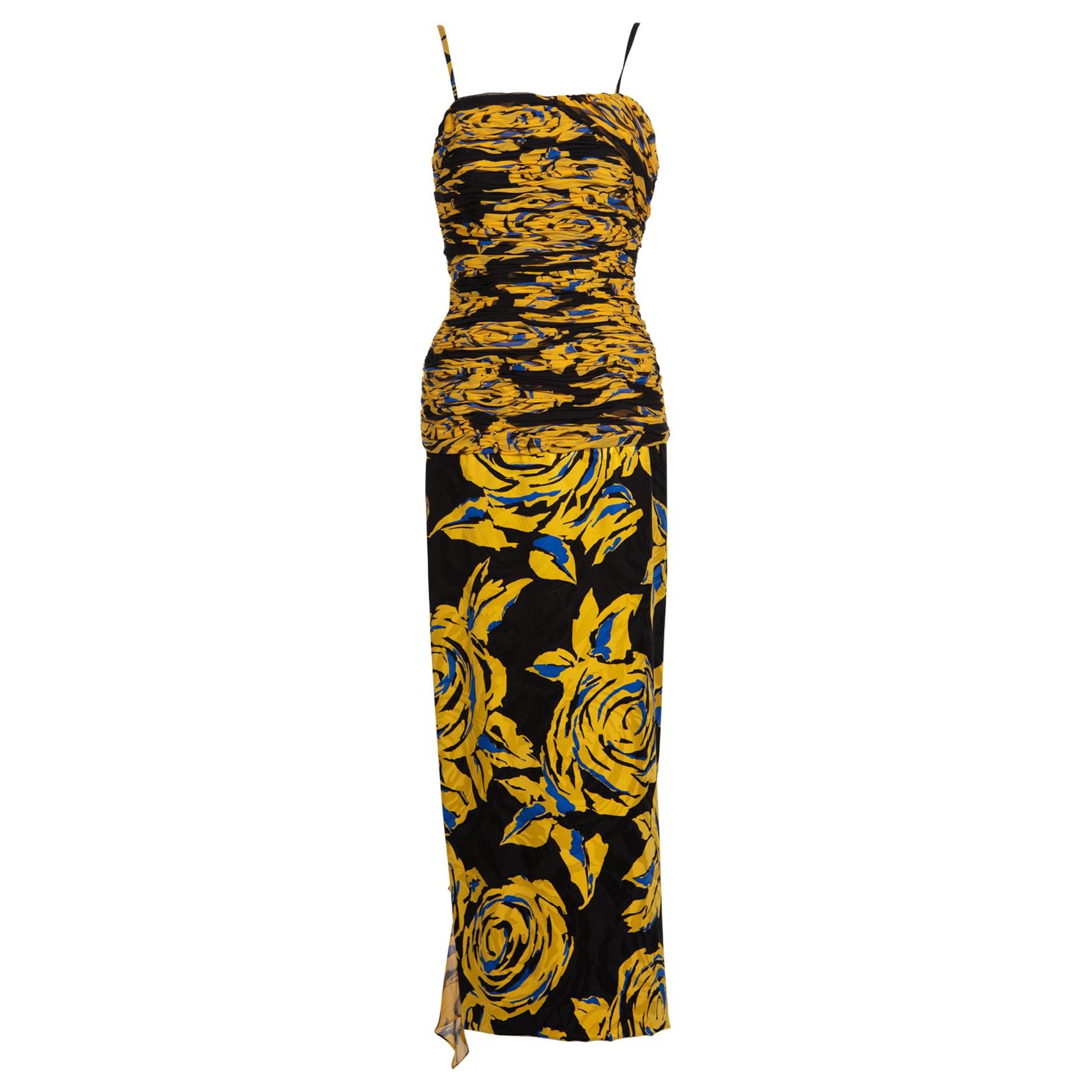 Valentino Yellow Floral Print Draped Black Silk Fishtail Gown Shawl ...