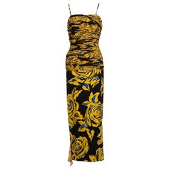 Vintage Valentino Yellow Floral Print Draped Black Silk Fishtail Gown Shawl 1970s