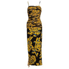 Valentino Yellow Floral Print Draped Black Silk Fishtail Gown Shawl 1970s