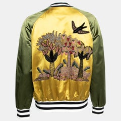 Valentino Yellow & Green Silk Satin Embroidered Patch Detail Bomber Jacket L