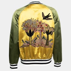Valentino Yellow & Green Silk Satin Embroidered Patch Detail Bomber Jacket L