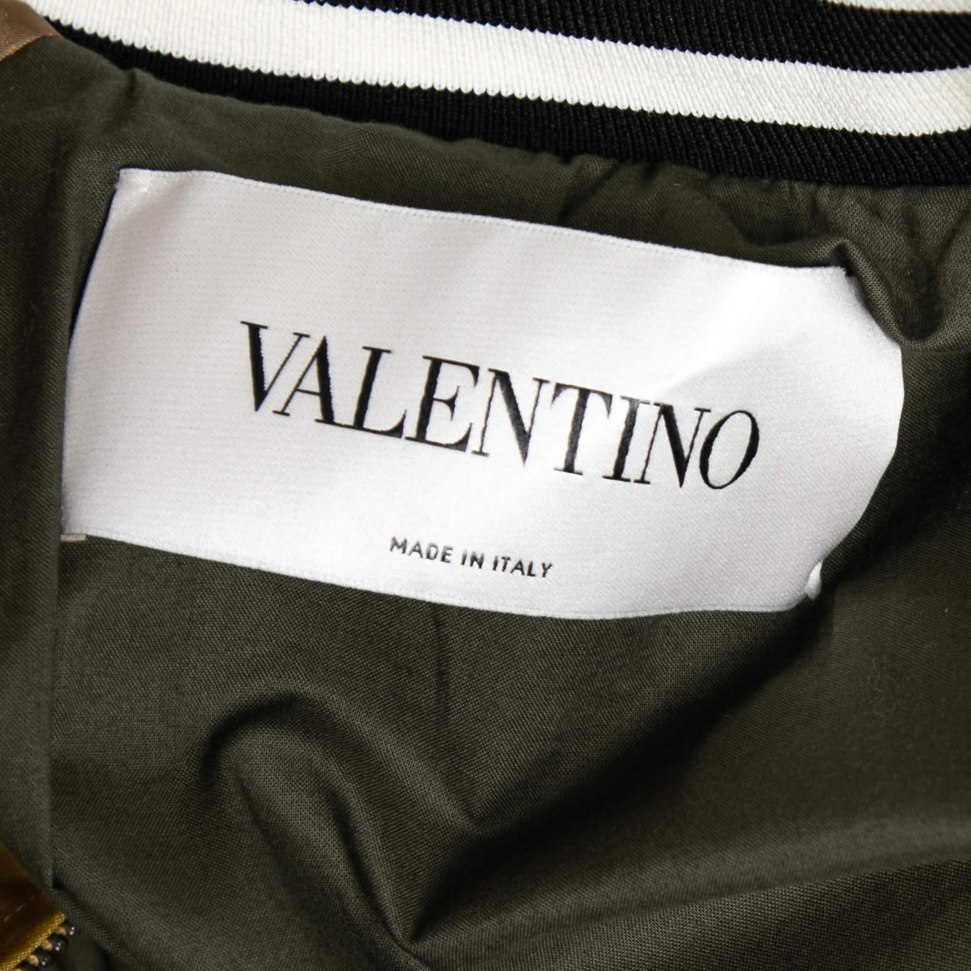 Beige Valentino Yellow & Green Silk Satin Embroidered Patch Detail Bomber Jacket L For Sale