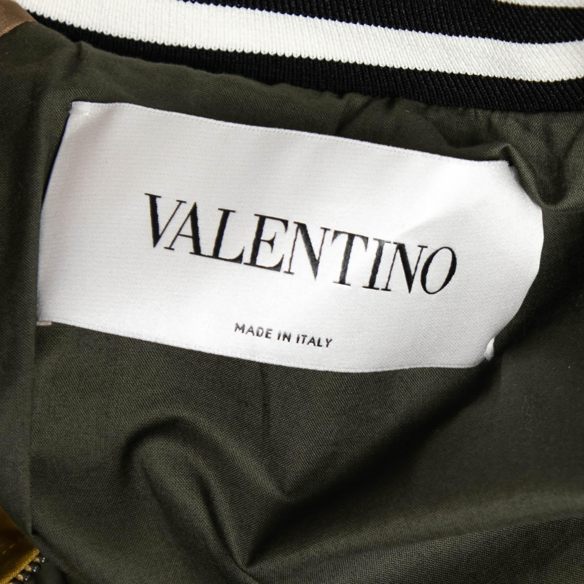 Valentino Yellow & Green Silk Satin Embroidered Patch Detail Bomber Jacket L In Good Condition For Sale In Dubai, Al Qouz 2