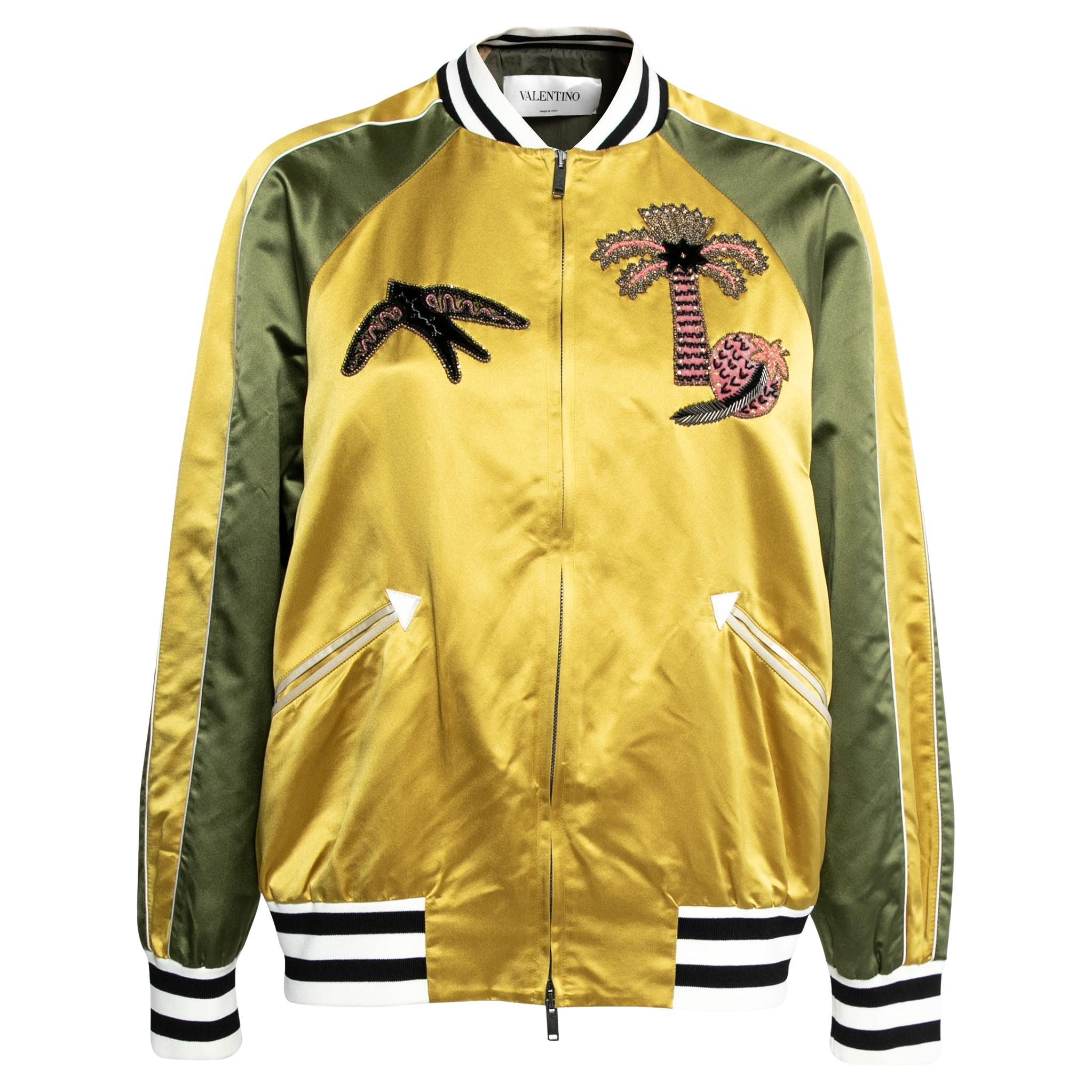 Valentino Yellow & Green Silk Satin Embroidered Patch Detail Bomber Jacket L For Sale