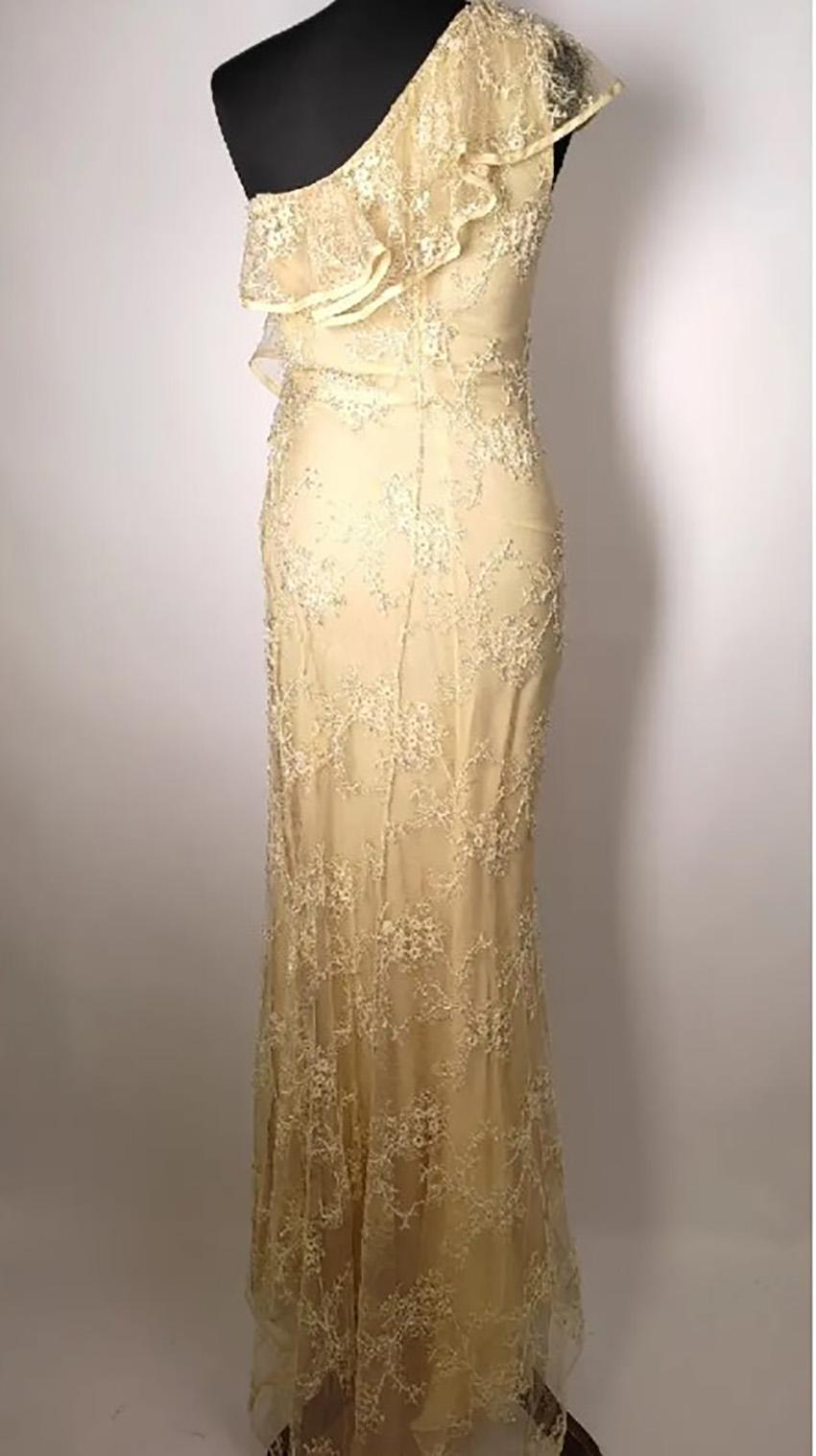 Women's VALENTINO YELLOW LACE LONG ONE SHOULDER GOWN DRESS Sz 6