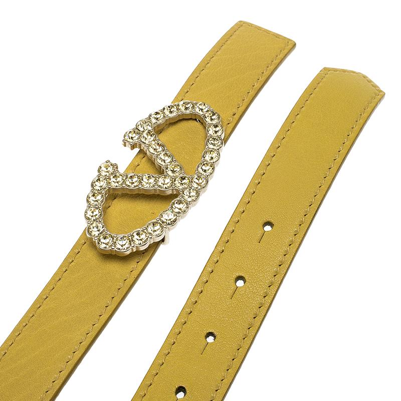 Valentino Yellow Leather Crystal Embellished Logo Platino Belt 95cm 1