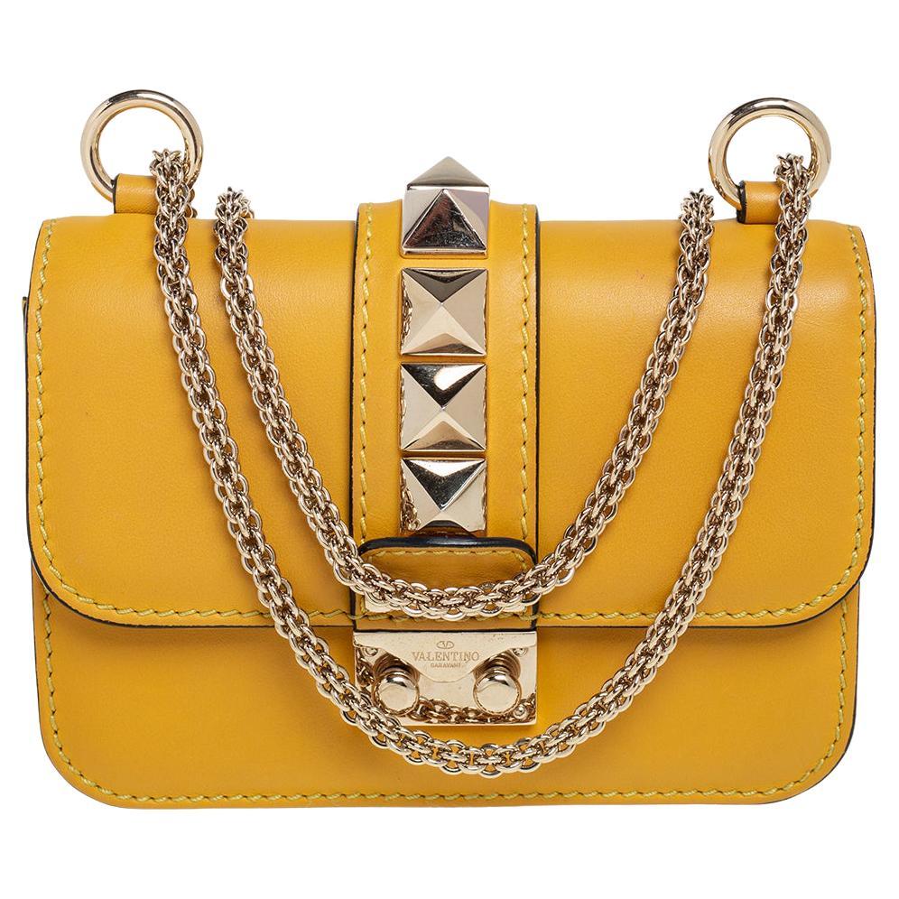 Valentino Yellow Leather Mini Glam Lock Flap Shoulder Bag