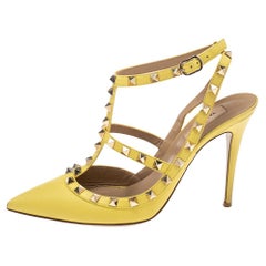 Valentino Yellow Leather Rockstud Strappy Pointed Toe Sandals Size 39.5