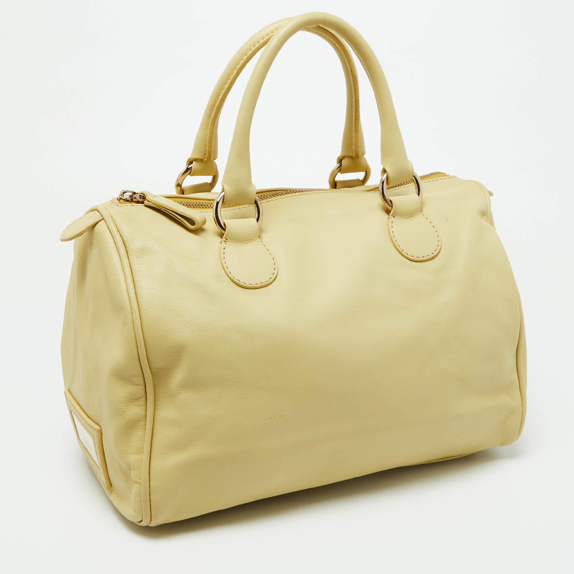 Beige Valentino Yellow Leather Zip Boston Bag