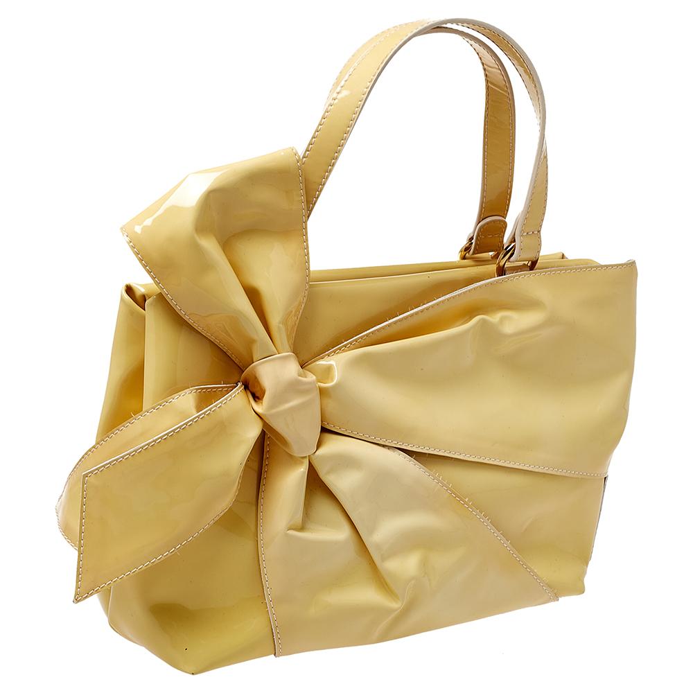 Beige Valentino Yellow Patent Leather Bow Tote