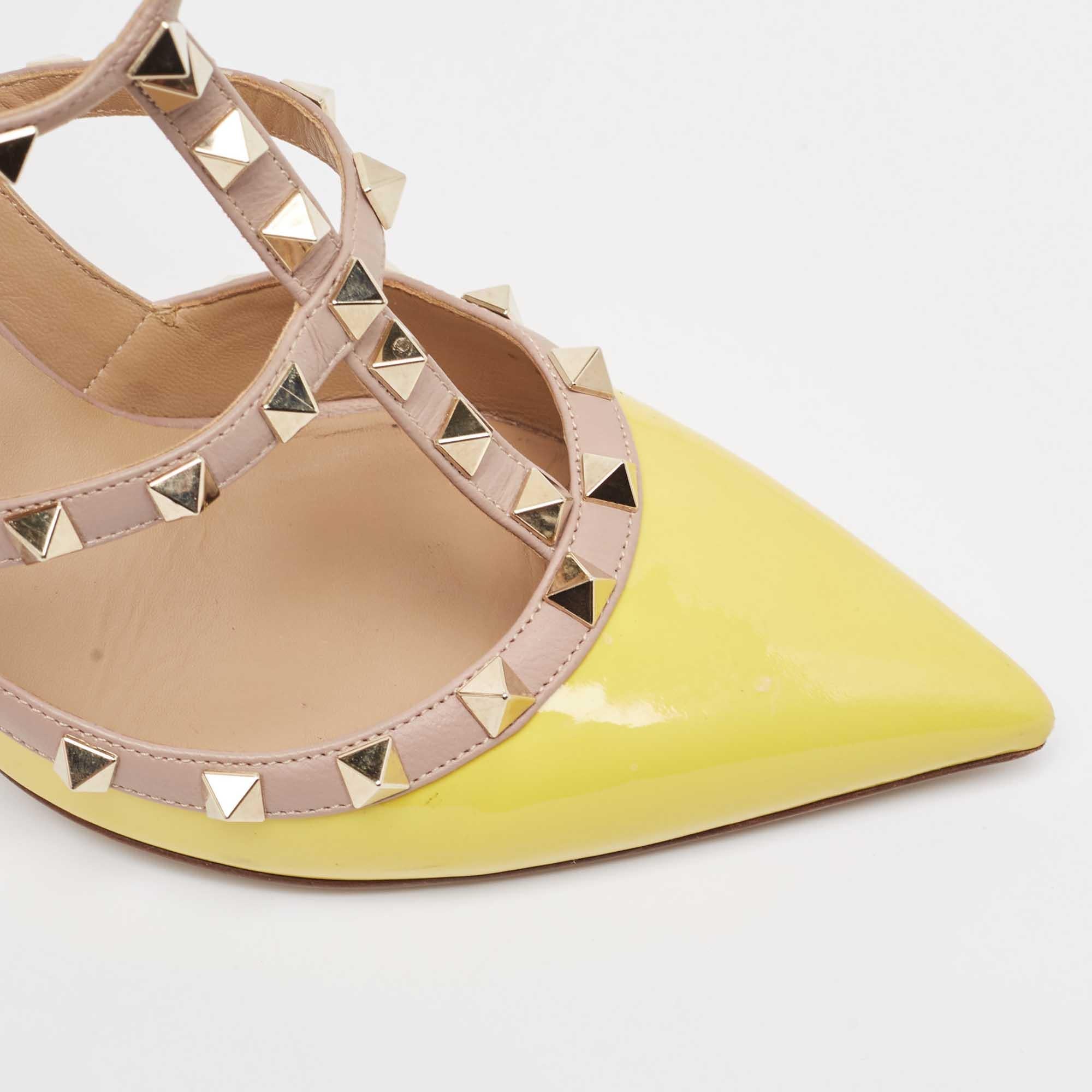 Valentino Yellow/Pink Leather Rockstud Ankle Strap Pumps Size 39.5 For Sale 1
