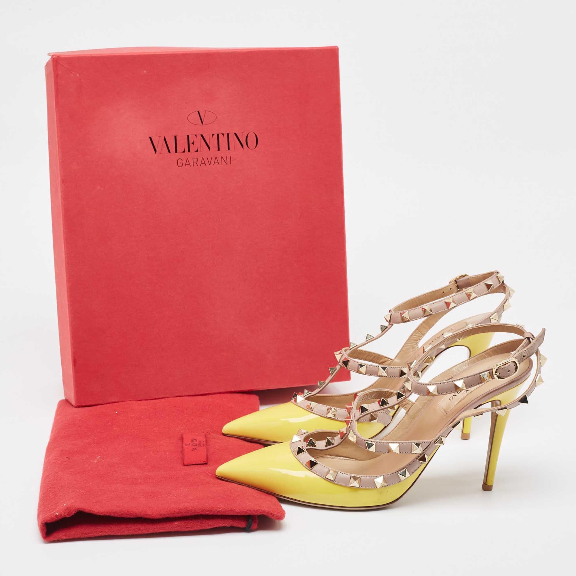Valentino Yellow/Pink Leather Rockstud Ankle Strap Pumps Size 39.5 For Sale 3